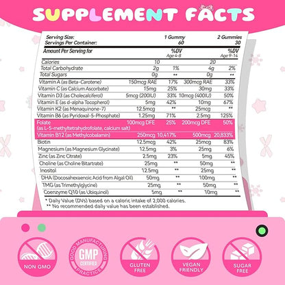 Kids Methylated Multivitamin Chewable Gummies, MTHFR Supplement with L Methylfolate, Magnesium, Biotin, Choline, Inositol, DHA, TMG & Coq 10, Immune & Brain Support, Strawberry Flavor, 60 Ct
