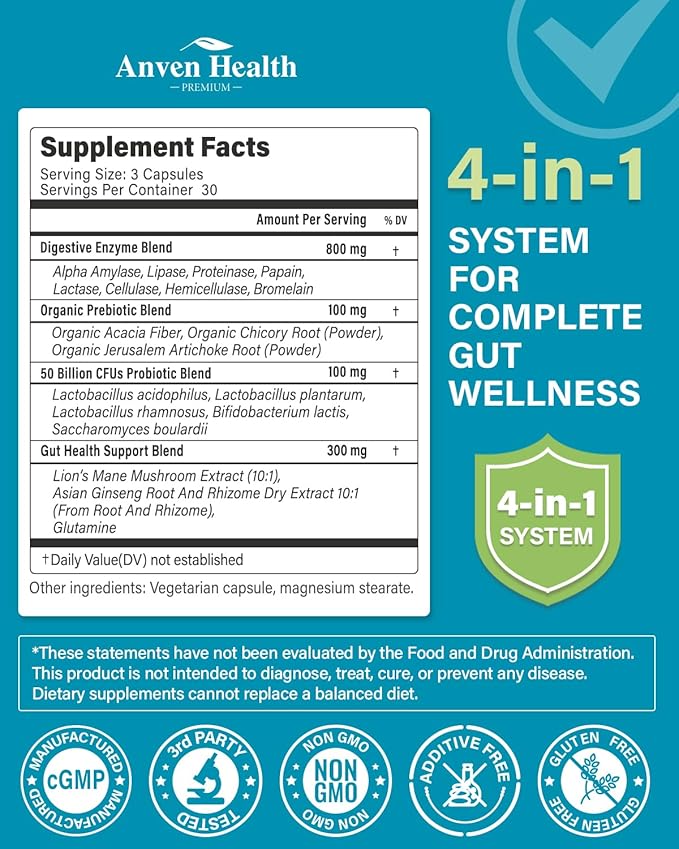 800mg Digestive Enzymes for Men and Women with Probiotics & Prebiotics, 8 Key Enzymes, Protease, Amylase & Lipase | 180 Capsules - A 60-Day Supply for Bloating & Gas Relief - Non-GMO