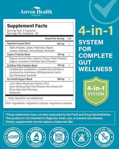 800mg Digestive Enzymes for Men and Women with Probiotics & Prebiotics, 8 Key Enzymes, Protease, Amylase & Lipase | 270 Capsules - A 90-Day Supply for Bloating & Gas Relief - Non-GMO