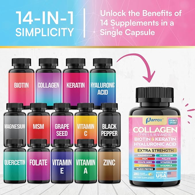 Collagen Peptides Types I, II, III, V & X, MCG Biotin, Keratin, Hyaluronic Acid, MSM, Zinc, Grape Seed Extract, Quercetin, Vitamin A, Vitamin C, Vitamin E, Magnesium, Folic Acid (180 Capsules)