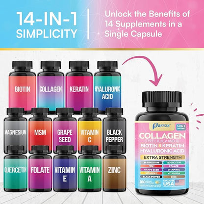 Collagen Peptides Types I, II, III, V & X, MCG Biotin, Keratin, Hyaluronic Acid, MSM, Zinc, Grape Seed Extract, Quercetin, Vitamin A, Vitamin C, Vitamin E, Magnesium, Folic Acid (180 Capsules)