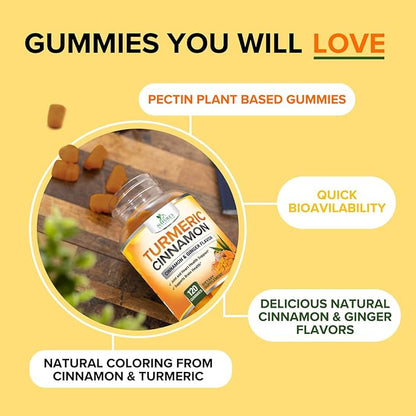 Turmeric Curcumin Supplement Gummies - 95% Curcuminoids with Turmeric Ginger, Black Pepper for Best Absorption, Nature's Vegan Joint Support, Non-GMO, Gluten Free, Tasty Cinnamon Flavor - 120 Gummies