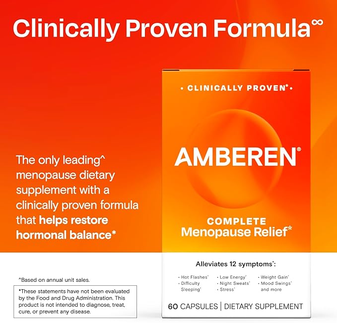 Amberen Menopause Supplement for Women, 120 Capsules, Clinically Proven, Helps Support Hormone Balance, Helps Relieve 12 Menopause Symptoms: Hot Flashes, Night Sweats, Mood Swings and More