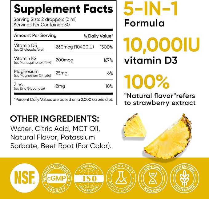 Venture Pal 5-in-1 Vitamin D3 10000 IU & K2 as MK-7 200mcg with Magnesium, MCT Oil, Zinc, Sugar-Free Vitamin D Liquid |Maximum Absorption for Bone, Mood & Immune Health - 2 FL OZ, 66 Days