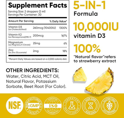 Venture Pal 5-in-1 Vitamin D3 10000 IU & K2 as MK-7 200mcg with Magnesium, MCT Oil, Zinc, Sugar-Free Vitamin D Liquid |Maximum Absorption for Bone, Mood & Immune Health - 2 FL OZ, 66 Days
