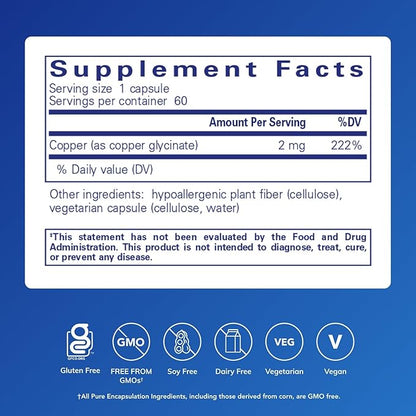 Pure Encapsulations Copper Glycinate 60's - 2 mg Copper Supplement, Supports Red Blood Cell Formation* - Aids Energy Metabolism - Non-GMO & Vegan - 60 Capsules
