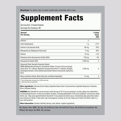 Piping Rock Glucosamine Chondroitin MSM Turmeric | 180 Caplets | Triple Strength | Advanced Supplement | Non-GMO, Gluten Free