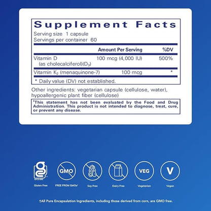 Pure Encapsulations Vitamin D3 & K2 - Bone & Vascular Health Support - Immune Function Support* - Gluten Free - Non-GMO - 60 Capsules