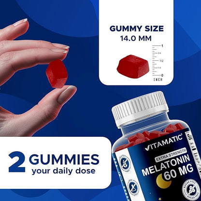 Vitamatic Sugar Free Melatonin 60 mg - 60 Vegetarian Gummies - Non-Habit Forming Supplement