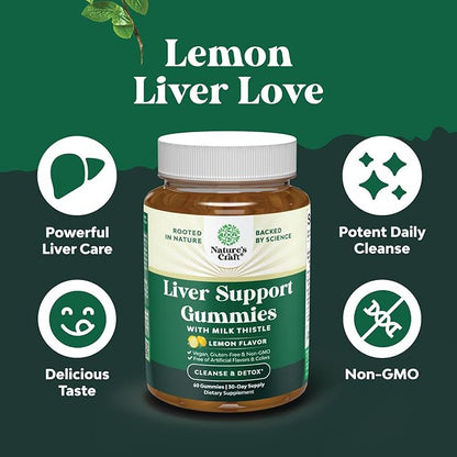 Natures Craft Cleansing Herbal Liver Detox Gummies Liver Support Milk Thistle Gummies with Artichoke Extract Turmeric Curcumin and L-Carnitine - Vegan and Non-GMO - Sweet Lemon (30 Servings)
