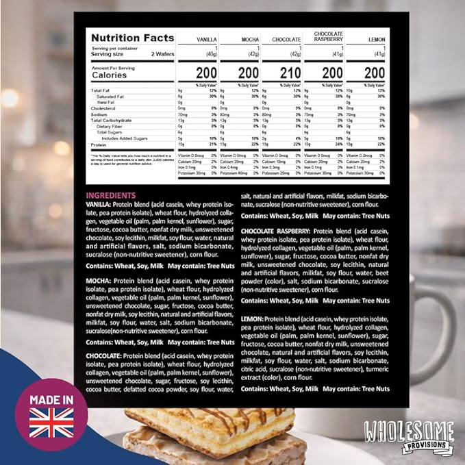 Protein Wafer Squares, Value Variety Pack, 15g Protein, Low in Sugar, 10 Squares Total, Light and Crispy, Includes Vanilla, Mocha, Chocolate, Lemon, Chocolate Raspberry (Variety, 4 Pack)
