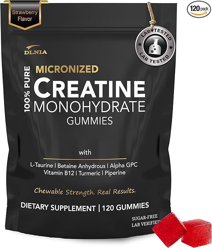 Creatine Monohydrate Gummies for Men & Women - Sugar Free & Vegan Advanced Formula W/L-Taurine + Vitamin B12 - for Muscle Strength, Muscles Builder, Recovery (120 Count (Pack of 1), Strawberry)