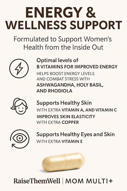 Raise Them Well Mom Multi+ Daily Multivitamin for Women with Active Folate, Adaptogens & Bacopa, Energy, Stress & Cognitive Support, 120 Veggie Capsules