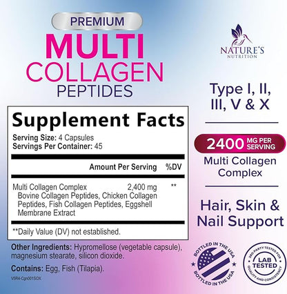Multi Collagen Pills 2400 mg Per Serving - Advanced Types I, II, III, V, X - Hydrolyzed Multi Collagen Peptides Pills Supplement for Women & Men - Hair, Skin, & Nail Support Supplements - 180 Capsules