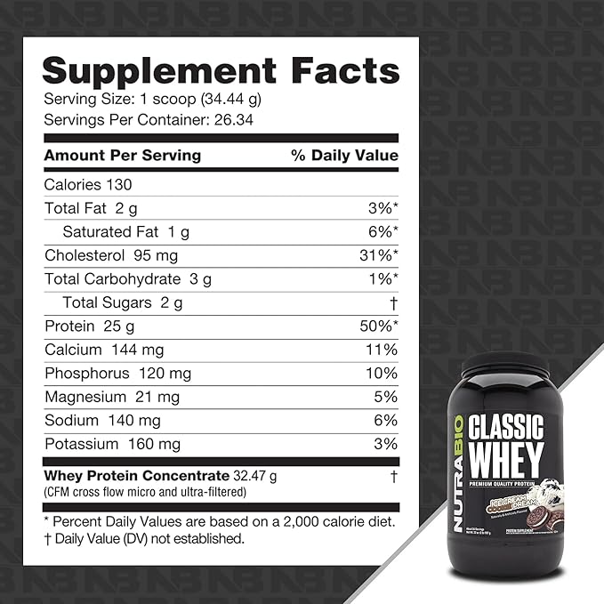 NutraBio Classic Whey Protein Powder- 25G Protein Per Scoop - Full-Spectrum Amino Acid Profile - No Fillers, Artificial Colors, Preservatives - Low Glycemic Index - (Ice Cream Cookie Dream, 2 Pounds)