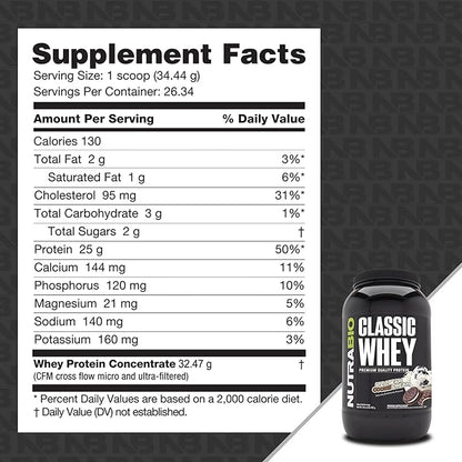 NutraBio Classic Whey Protein Powder- 25G Protein Per Scoop - Full-Spectrum Amino Acid Profile - No Fillers, Artificial Colors, Preservatives - Low Glycemic Index - (Ice Cream Cookie Dream, 2 Pounds)