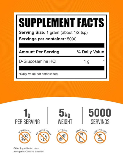 BulkSupplements.com Glucosamine HCl Powder - Glucosamine Supplement, Joint Support Supplement - Gluten Free, 1g per Serving, 5kg (Pack of 5) (11 lbs)