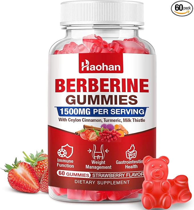 Haohan Berberine Gummies, 1500mg High Potency Berberine HCl, Ceylon Cinnamon, Milk Thistle, Immune System & Metabolism Support, Vegan, Strawberry Flavor, 60 Count