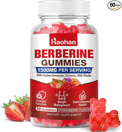 Haohan Berberine Gummies, 1500mg High Potency Berberine HCl, Ceylon Cinnamon, Milk Thistle, Immune System & Metabolism Support, Vegan, Strawberry Flavor, 60 Count