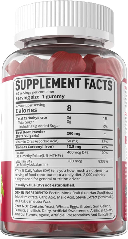Beet Root Gummies with Iron, Methyl B12, Folate, Vitamin C - Increase Nitric Oxide & Iron Levels, Energy Support, Fight Fatigue, Beetroot & Gentle Iron Supplement, Sugar Free, 60 Counts