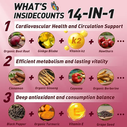 BUTTERFLY'S TEAR Beet Root Gummies, Supports Heart & Blood Vessel Health, Nitric Oxide Booster, 14-in-1 Wellness Formula with Grape Seed, Vitamin D3, K2 & E, Hawthorn, Berberine, Sugar Free (60 Count)