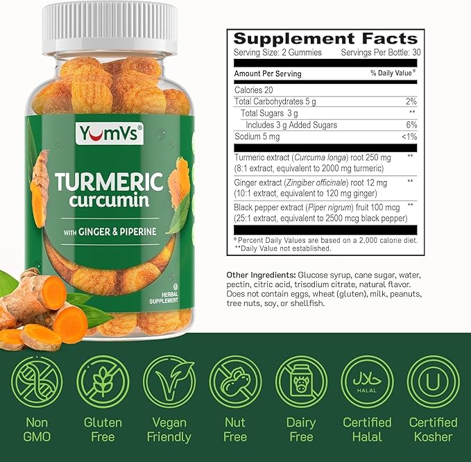 YumV's Turmeric Gummies with Ginger and Piperine - Peach Flavored Gluten Free Vegetarian Turmeric Ginger Supplement with Black Pepper 60 Count (Pack of 2)