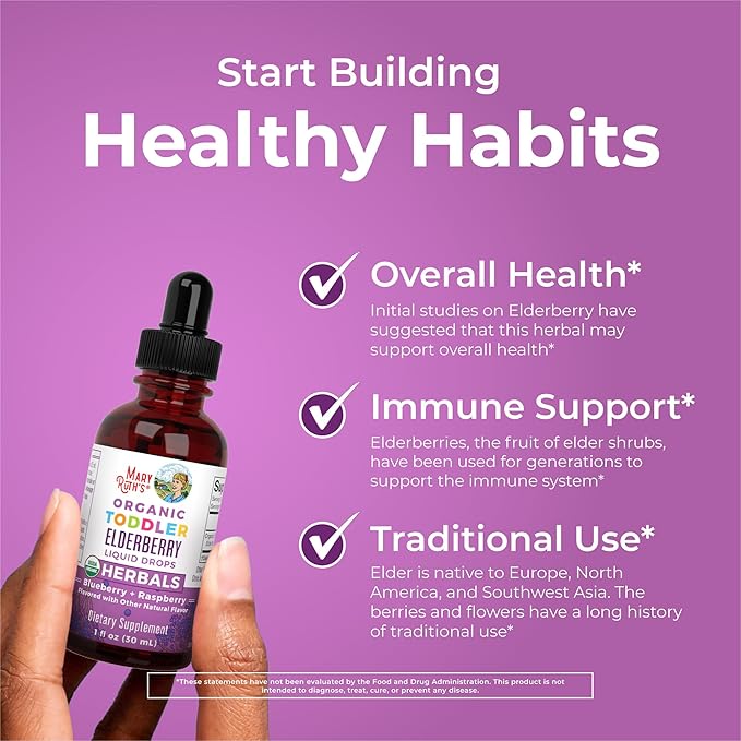 MARYRUTH'S Toddler Elderberry Syrup, USDA Organic Elderberry, Sugar Free Kids Immune Support Supplement for Ages 1-3 Years, Clean Label Project Verified®, Vegan, Non-GMO, Gluten Free, 1 Fl Oz