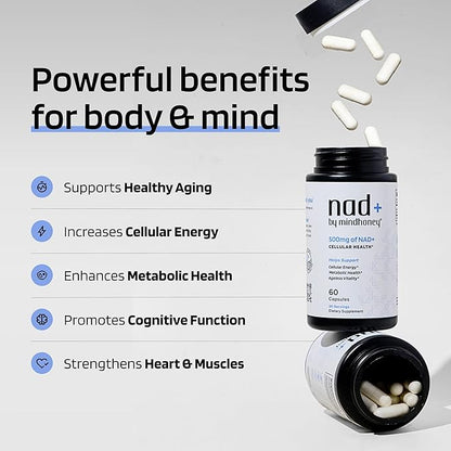 MINDHONEY | NAD+ Brain Supplement | 500mg NAD+ Premium Formula | Healthy Anti-Aging, Cellular Energy, Cognition, Metabolic Health, Heart + Muscle Support | Vegan, Non-GMO, Gluten-Free | 30 Servings