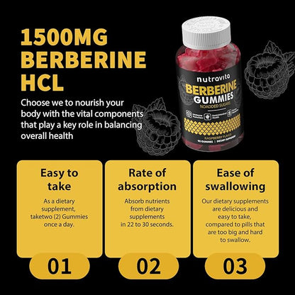 Nutravita Berberine Gummies with Ceylon Cinnamon 1500mg High Potency Berberine HCL Supplement for Immune and Metabolism Support, Sugar Free Organic Berberine Gummies Raspberry Flavor-2PACK