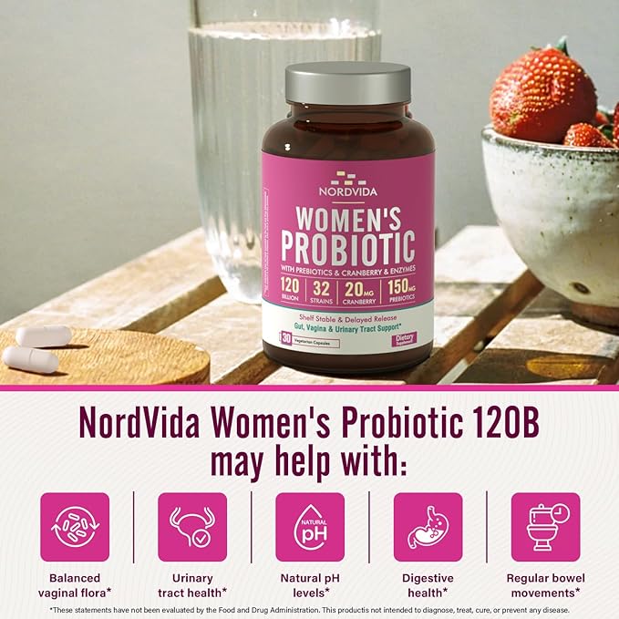 Women's Probiotic, 120 Billion & 32 Strains with Cranberry, Prebiotics & Digestive Enzymes, Gut, Vaginal & Urinary Tract Support, 30 Delayed Release Capsules