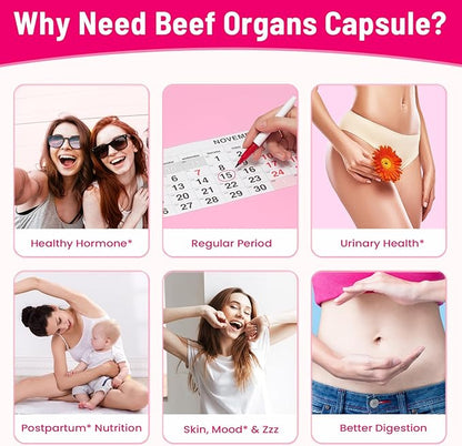 12-In-1 Beef Organ Supplement for Women - Beef Liver, Uterus, Kidney, Heart, Pancreas, 5 Vitamins & 2 Herbs, Hormone Balance, Menstruation, Energy, Immune - 100% Grass Fed, Pasture Raise - 120 Caps