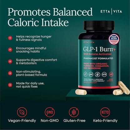 Ketosis & GLP-1 Supplement Weight Loss for Women and Men - Appetite Suppressant, Fat Burner and Metabolic Health with BHB Ketones, Apple Cider Vinegar, Berberine HCL, Turmeric, Cinnamon - Made in USA