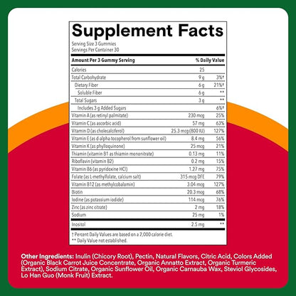 SmartyPants Fiber Supplement & Multivitamin for Men & Women, Prebiotic Fiber Gummies with Omega 3 (DHA/EPA), Vitamin D3, C, Vitamin B12, B6, A, K & Zinc, 90 Count (30 Day Supply)