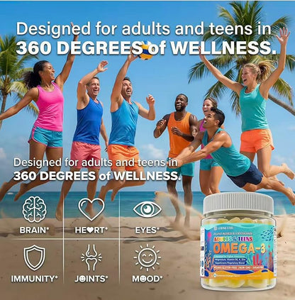 Vegan Omega-3 Gummies - 1000mg Algae Oil with 650mg DHA & 250mg EPA for Teens & Adults - Plus Vitamin D3, A,C, Lutein, Zeaxanthin, Magnesium for Eye & Immune Health, Brain - Sugar Free, Non-GMO, 60Cts
