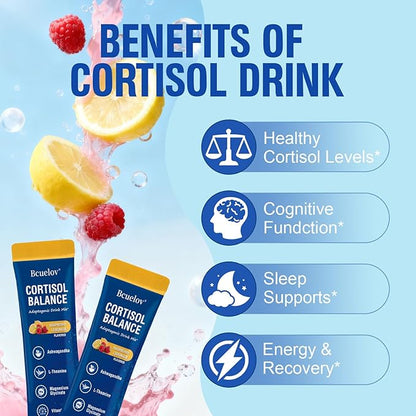 Cortisol Drink Mix, Cortisol Supplements for Women Men with Magnesium Glycinate, Ashwagandha, L-Theanine, Vitamin D 3 for Sleep & Relaxation, On The Go, 30 Ct (Raspberry Lemonade Flavor)