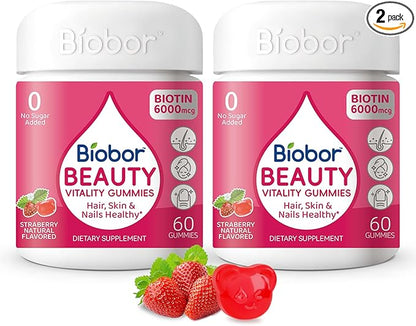 Biobor Beauty Gummies, Natural 6000mcg Biotin Gummies for Women Men, No Sugar Added Hair Skin and Nails with Vitamins A C E, GMO Free, Gluten Free,120 Count