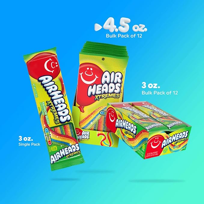Airheads Xtremes Belts Candy, Chewy Candy Package, Rainbow Berry Fruit Flavor Artificially Flavored, 4.5 Ounces (12-Pack)