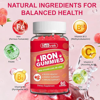 2 Pack Iron Supplement Gummies for Women & Men - Iron Gummies with Folate Vitamin C B12 B6 Zinc, Peach Flavor, Vegan 120 Gummies