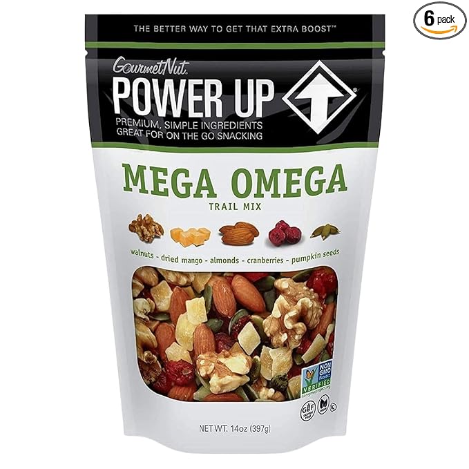 Power Up Mega Omega Trail Mix – Cranberries, Mango, Almonds, Walnuts & Pumpkin Seeds – Non-GMO, Vegan, Gluten-Free, No Artificial Ingredients, No Added Sodium – 14 oz Resealable Bags (Pack of 6)