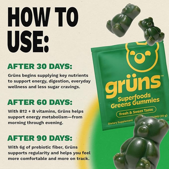 Gruns Adult Super Greens Multivitamin Gummies, Superfood Gummy Vitamins for Women and Men with Spirulina, Chlorella, Adaptogens & Prebiotic Fiber for Digestive Health (28 Count)