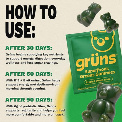 Gruns Adult Super Greens Multivitamin Gummies, Superfood Gummy Vitamins for Women and Men with Spirulina, Chlorella, Adaptogens & Prebiotic Fiber for Digestive Health (28 Count)