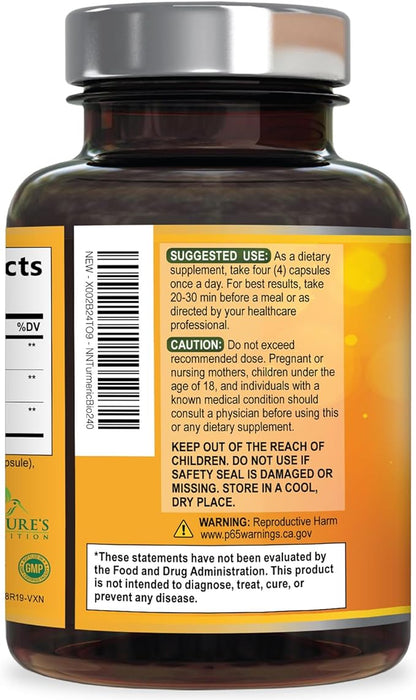 Turmeric Curcumin Supplement - 2400mg Organic Turmeric Per Serving - 95% Curcuminoids & BioPerine Black Pepper Extract for Best Absorption - Natural Vegan Joint Support, Bottled in USA - 240 Capsules