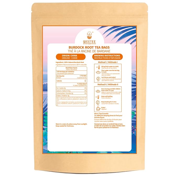 WT WEETEE Burdock Root Tea Bags, Made with 100% Pure Burdock Root, Rich in Antioxidants, Naturally Caffeine-free Herbal Tea, 100 Count