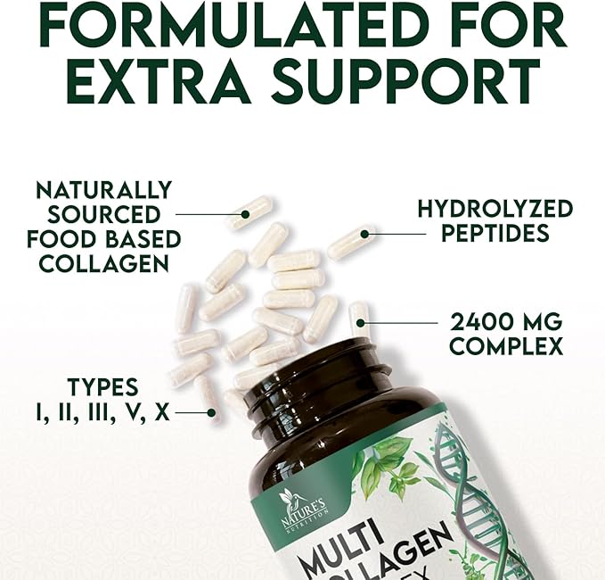 Multi Collagen 2400mg Per Serving - Advanced Formula Types I, II, III, V, X - Hydrolyzed Multi Collagen Pills - Collagen Peptides Supplement for Women & Men - Hair, Skin, & Nail Support - 60 Capsules