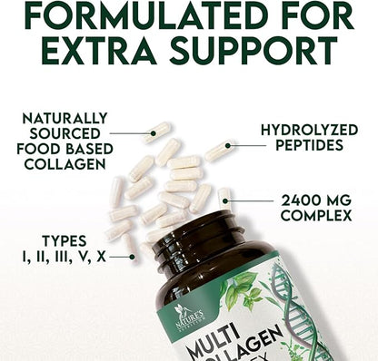 Multi Collagen 2400mg Per Serving - Advanced Formula Types I, II, III, V, X - Hydrolyzed Multi Collagen Pills - Collagen Peptides Supplement for Women & Men - Hair, Skin, & Nail Support - 120 Capsules