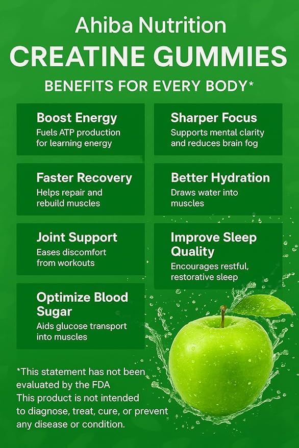 Creatine Monohydrate Gummies 5g per Serving, chewable, Vegan, Non-GMO, Sugar-Free, Soy-Free, Gluten-Free, Men & Women,More Strength & Recovery- Sour Apple Flavor, Made in USA