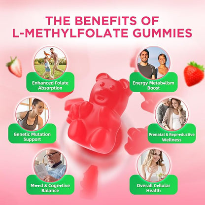 softbear L-Methylfolate Gummies 15mg for Kids & Adults, Organic Methylfolate Supplement 5-MTHF Plus Methyl B12, B1, B2, B6 Support MTHFR Gene, Cognition Function, Strawberry Flavor 120 Count