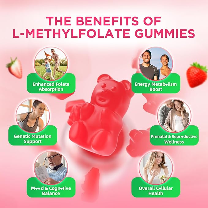 softbear L-Methylfolate 15mg Gummies for Kids & Adults, Organic Methylfolate Supplement 5-MTHF Plus Methyl B12, B1, B2, B6 Support MTHFR Gene, Cognition Function, Strawberry Flavor 60 Count