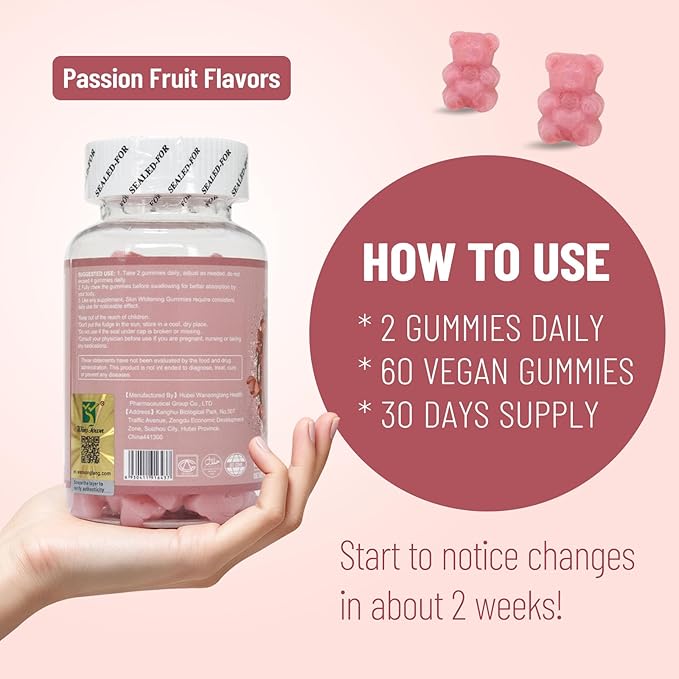 Skin Whitening Gummies, with Glutathione, Collagen and Bioth, Hydrated Youthful Skin, Glow and Spots Fading, Anti-Aging, 60 Count