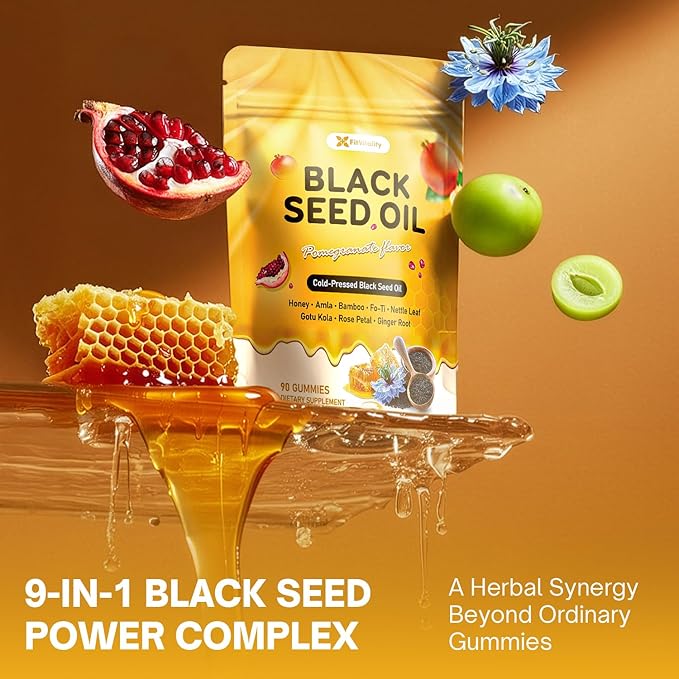 90 Black Seed Oil Gummies | 500mg Cold-Pressed Black Seed Oil, Amla, Bamboo, Fo-Ti, Nettle Leaf, Gotu Kola Extract | Vegan, Non-GMO Gummies | Hair, Skin & Nail Nourishment | Pomegranate Flavor